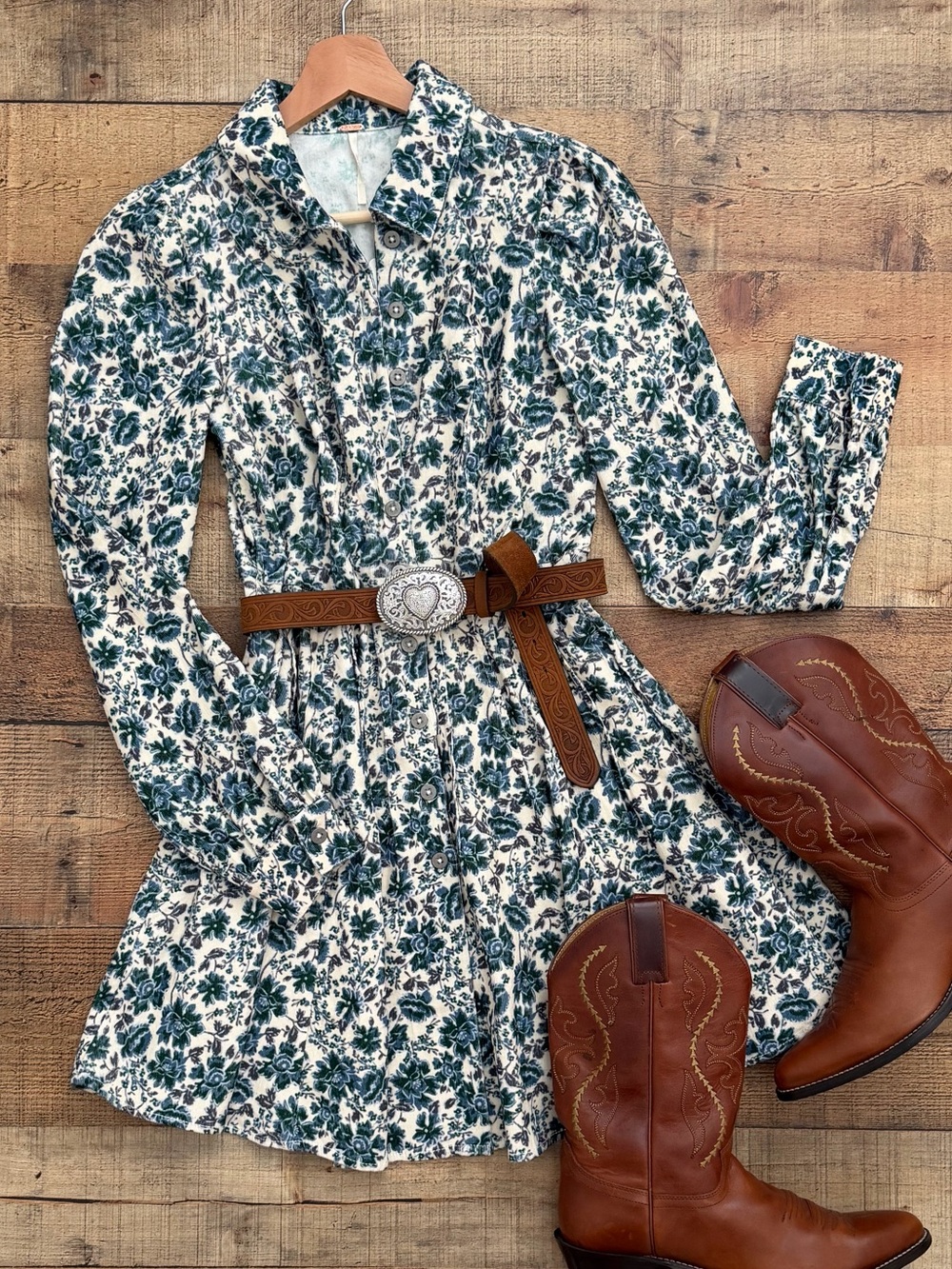 Free People Floral Button-Front Babydoll Mini Dress Corduroy Long Sleeve